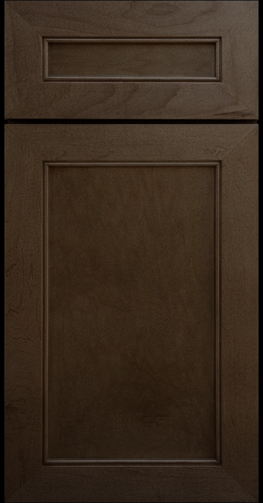 Alpine-style mitered shaker cabinet in Beachwood Stain with a flat center panel & inside bead detail.